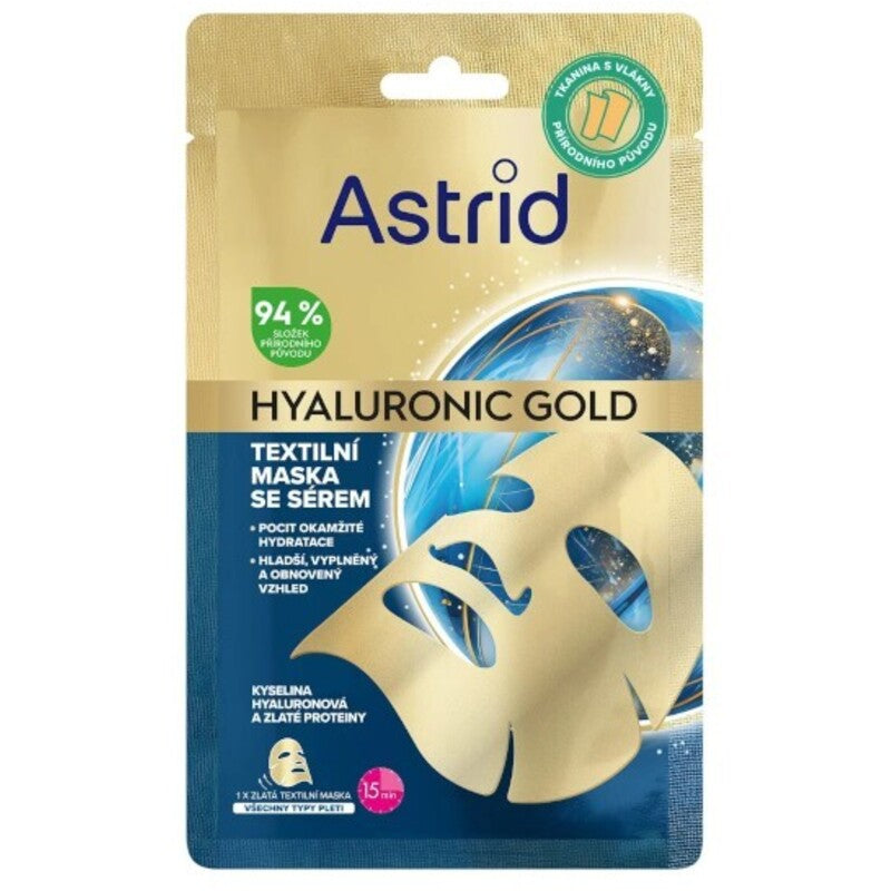 Astrid Hyaluronic Gold Mask – tekstilinė kaukė su aukso baltymais, skirta glotnesnei išvaizdai ir odos apimties atkūrimui.