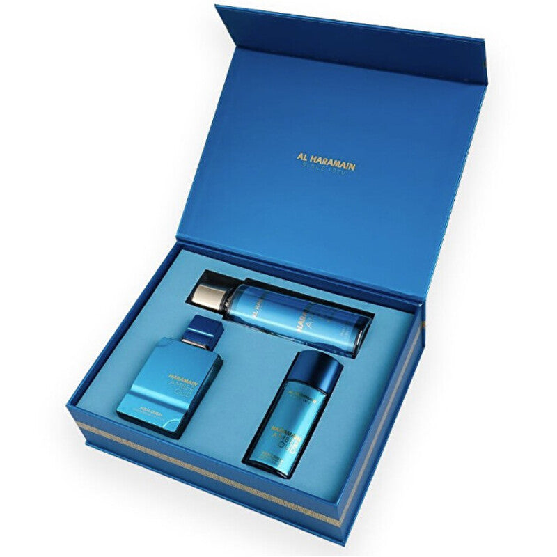 Al Haramain Amber Oud Aqua Dubai dovanų rinkinys Extrait de Parfum 75 ml, Extrait de Parfum 30 ml ir kūno šydas 250 ml