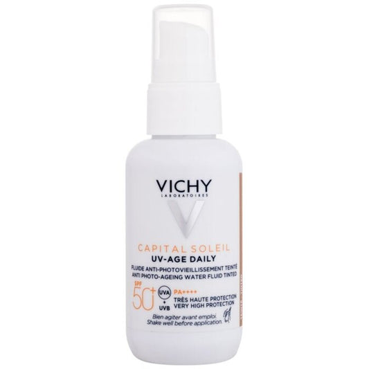 Vichy Capital Soleil UV-Age Daily Anti-Photo Aging virens fluidas su SPF50+ tonuotu kremu