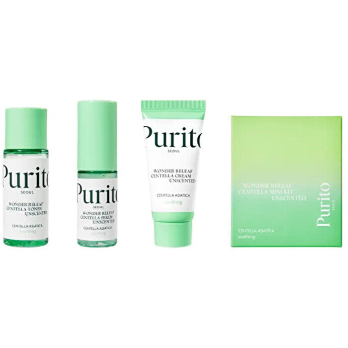 Purito Wonder Releaf Centella bekvapis mini rinkinys – bekvapės odos priežiūros dovanų rinkinys
