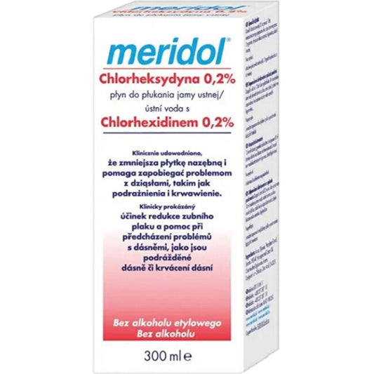 Meridol burnos skalavimo skystis Chlorheksidinas 0,2% - Burnos skalavimo skystis su chlorheksidinu